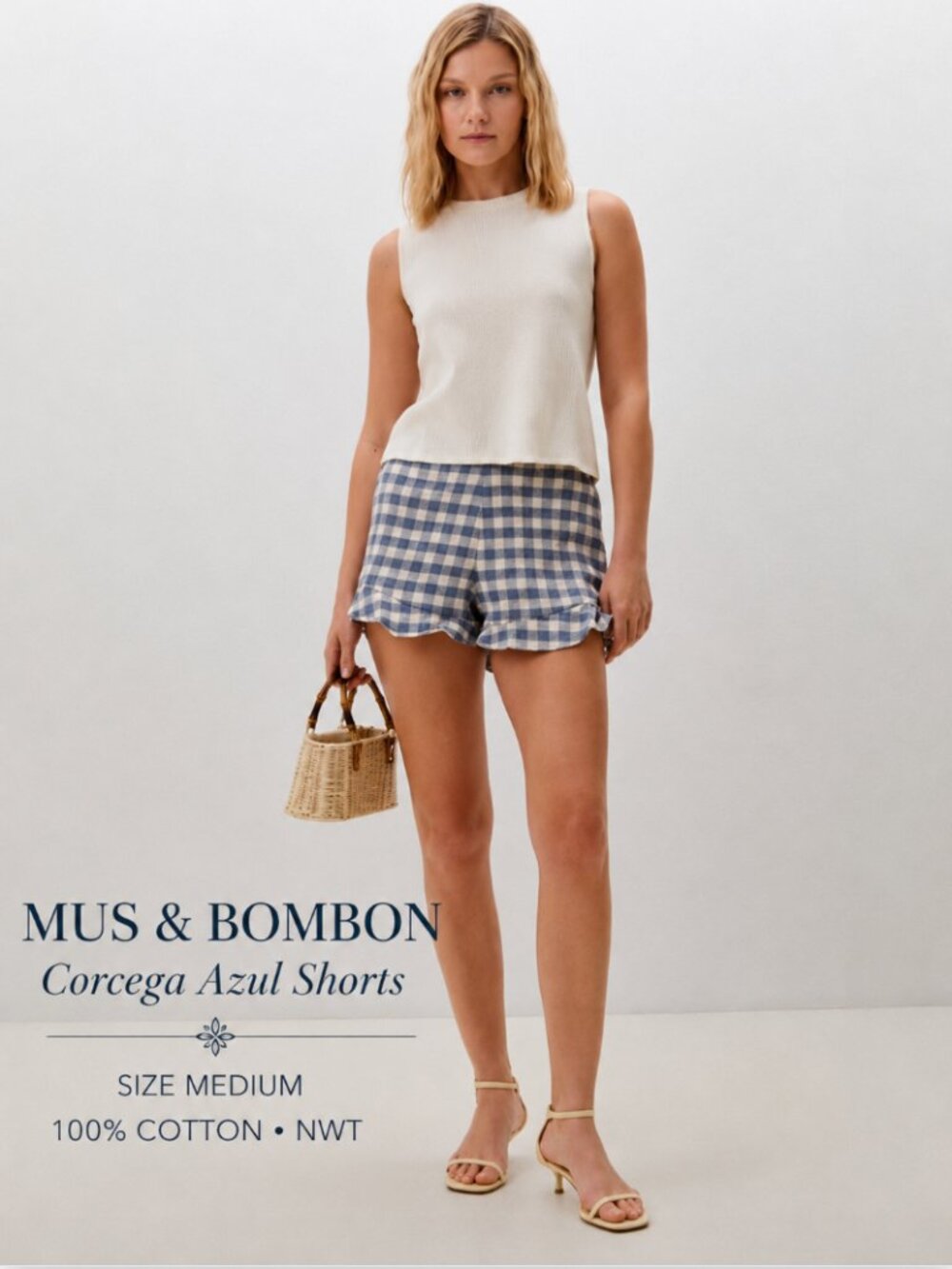 NWT Mus & Bombon Corcega Azul Gingham Ruffle Shorts Blue White Sz M 100% Cotton
